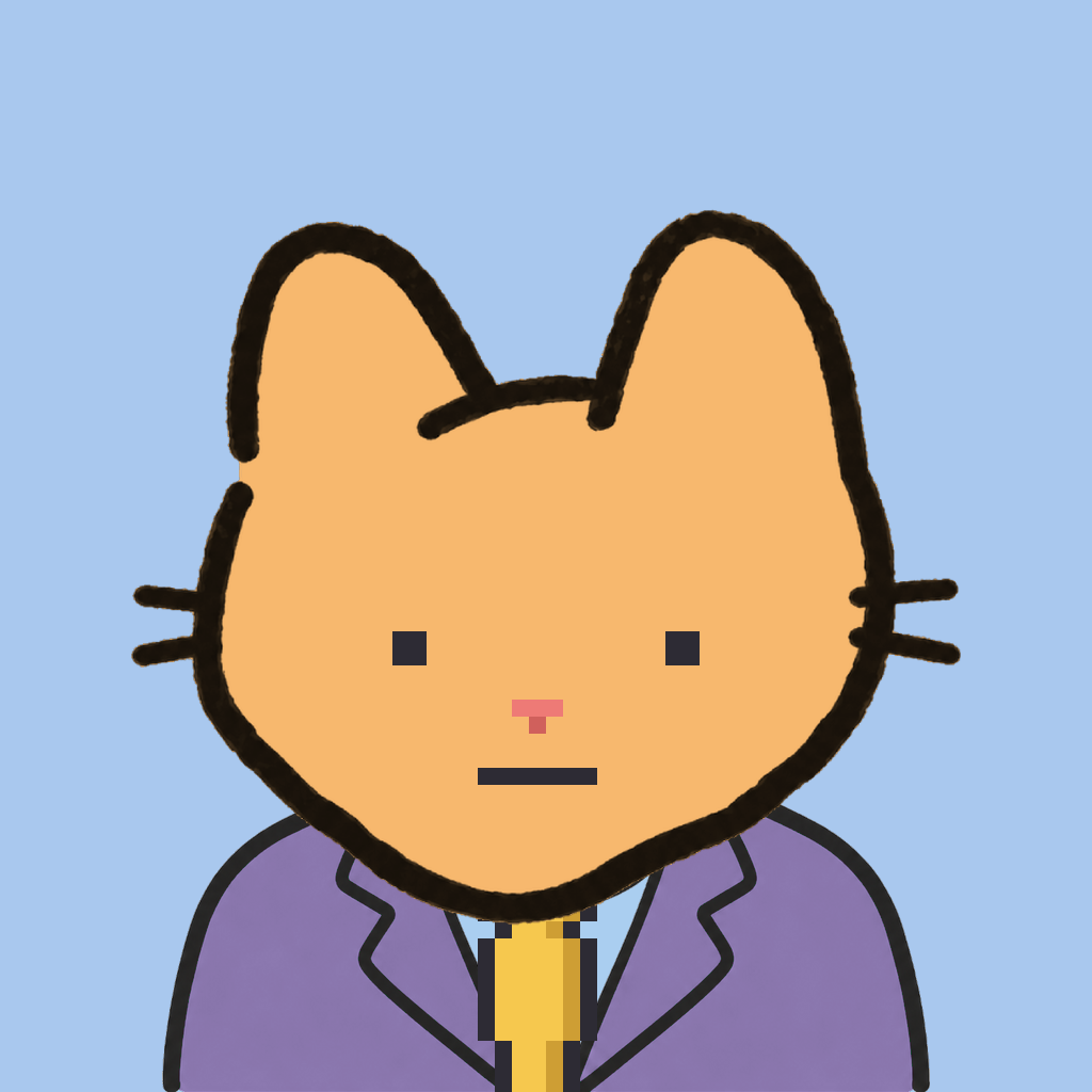 Employee #2510 — a tabby cat, in a lavender suit, with a gold tie, on sky