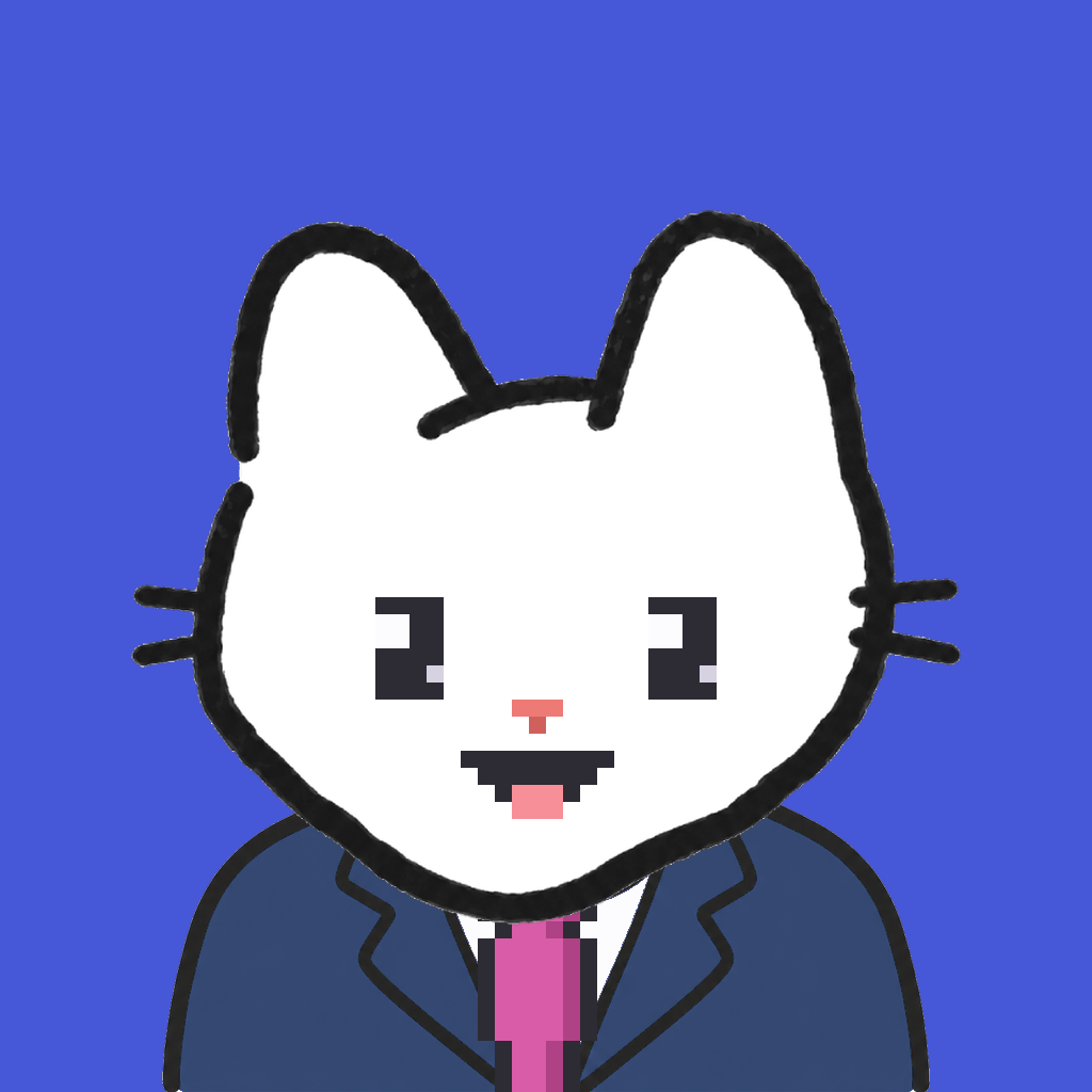 Employee #2511 — a white cat, in a navy suit, with a magenta tie, on royal
