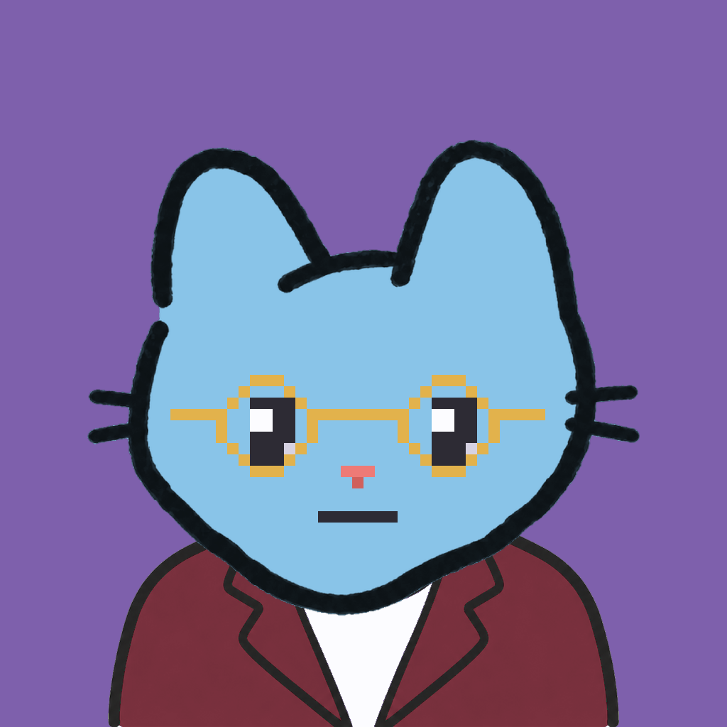 Employee #2512 — a sky cat, in a burgundy suit, wearing round-gold glasses, on plasma violet