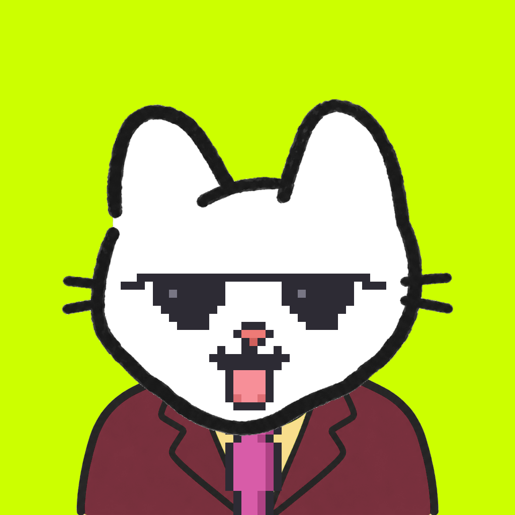 Employee #2513 — a white cat, in a burgundy suit, with a magenta tie, wearing shades glasses, on volt