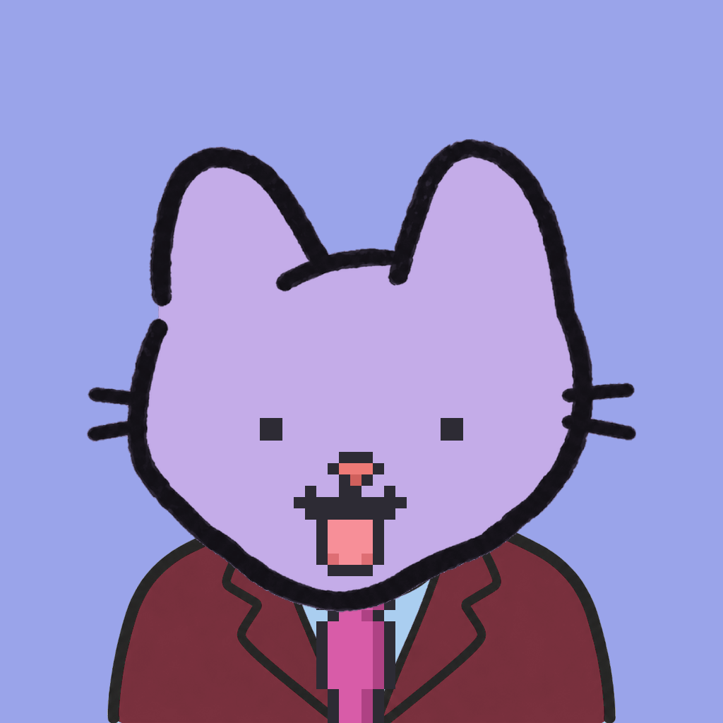 Employee #2514 — a lavender cat, in a burgundy suit, with a magenta tie, on periwinkle