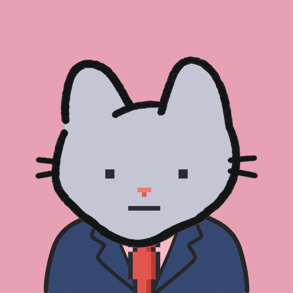 Employee #2515 — a gray cat, in a navy suit, with a red tie, on rose