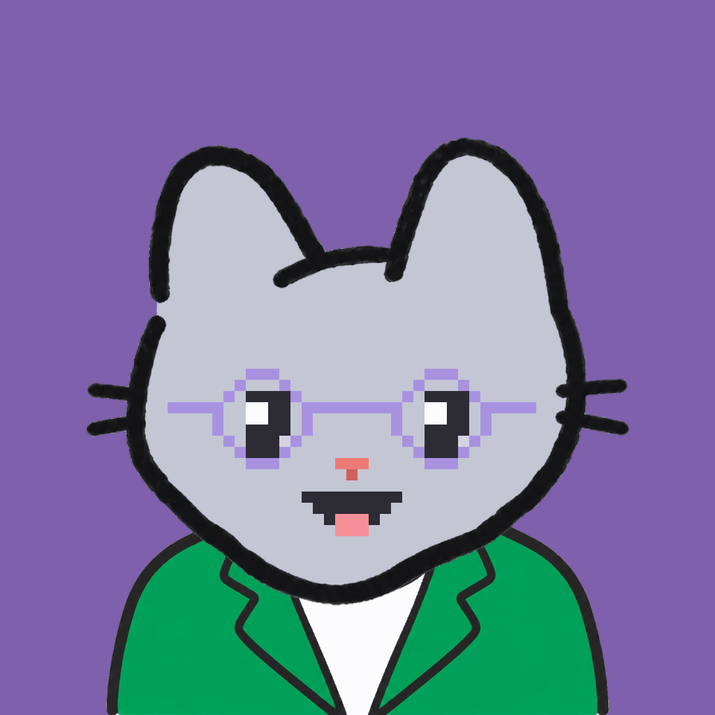 Employee #2516 — a gray cat, in a green suit, wearing round-lavender glasses, on plasma violet