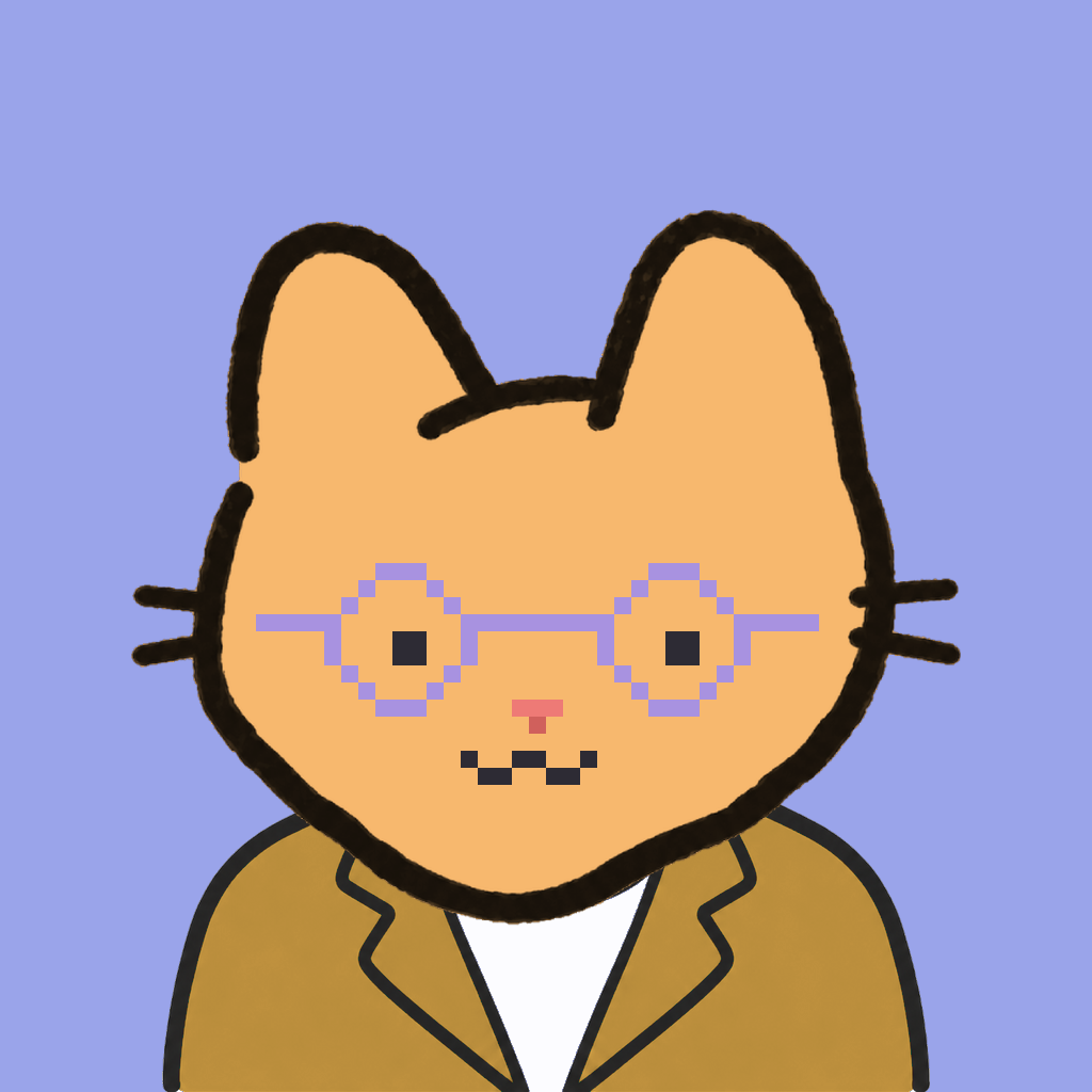 Employee #2517 — a tabby cat, in a mustard suit, wearing round-lavender glasses, on periwinkle