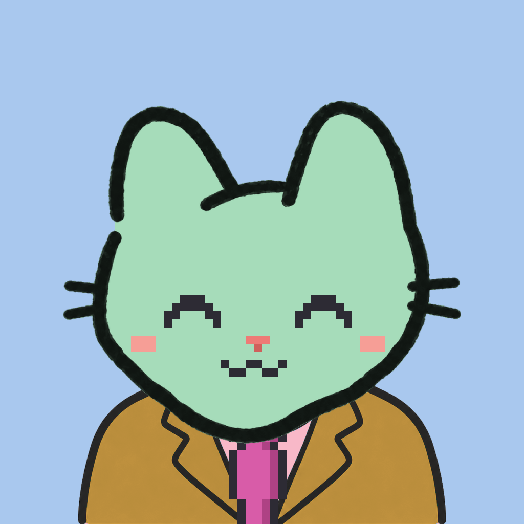 Employee #2518 — a mint cat, in a mustard suit, with a magenta tie, on sky
