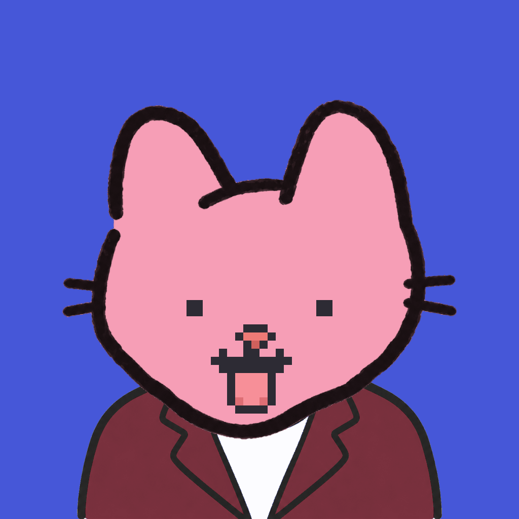 Employee #2519 — a pink cat, in a burgundy suit, on royal