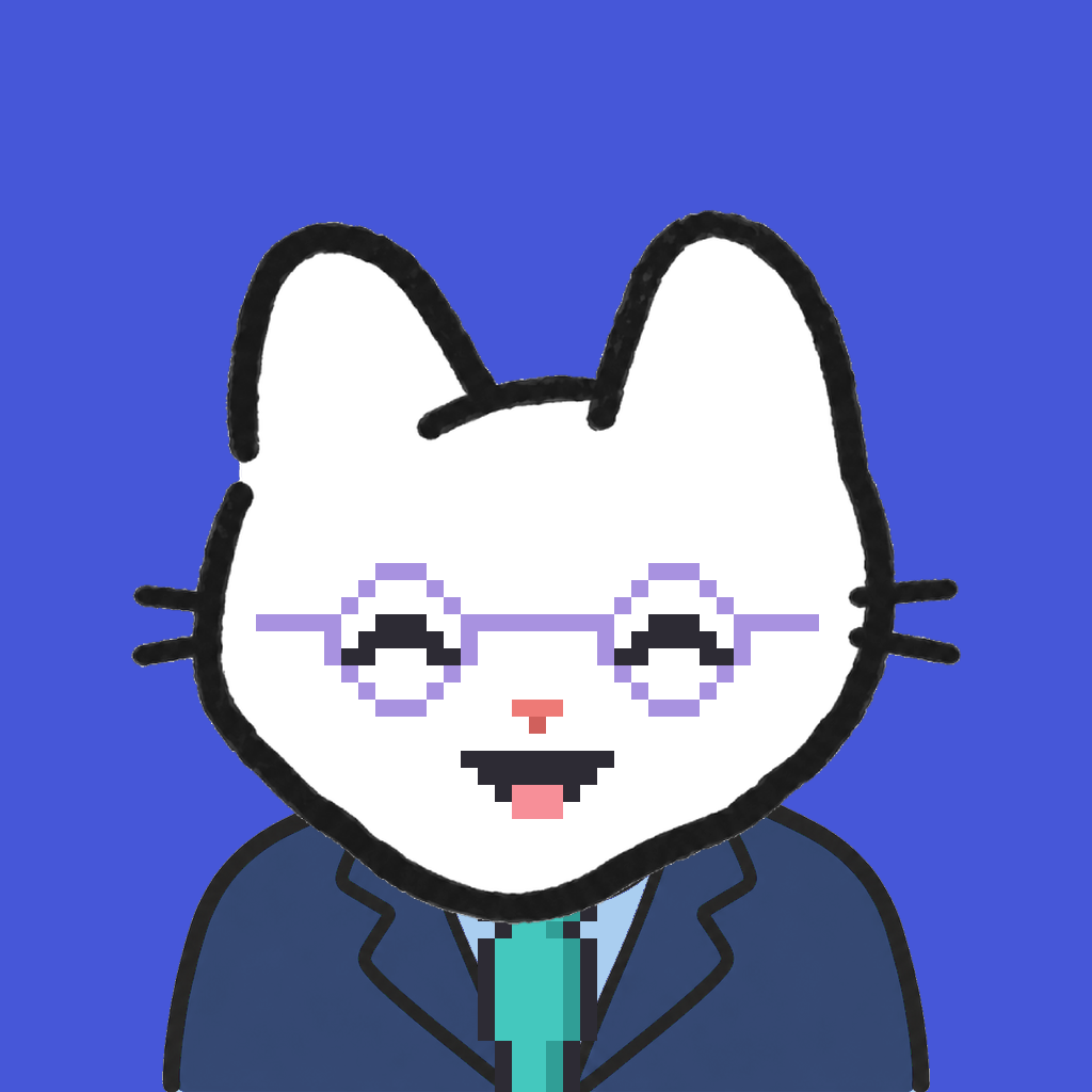 Employee #0252 — a white cat, in a navy suit, with a teal tie, wearing round-lavender glasses, on royal