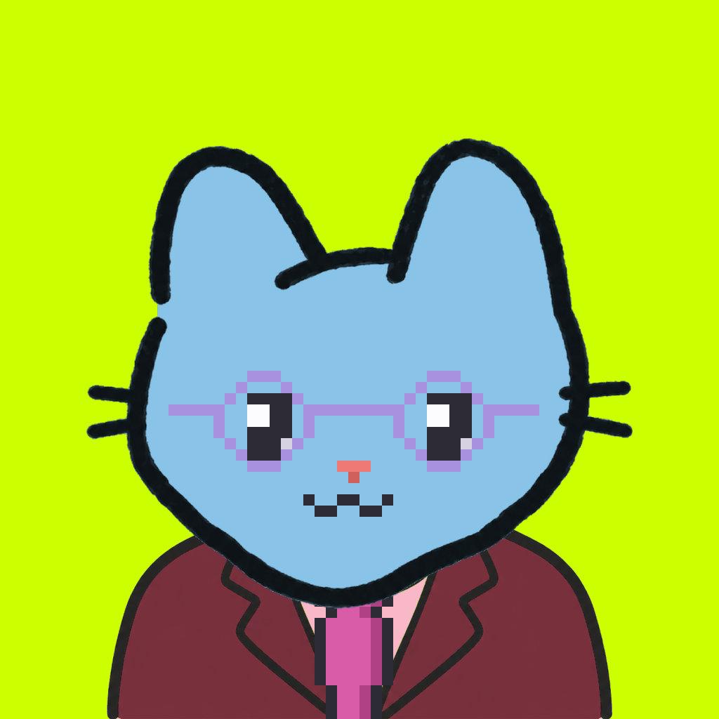 Employee #2520 — a sky cat, in a burgundy suit, with a magenta tie, wearing round-lavender glasses, on volt