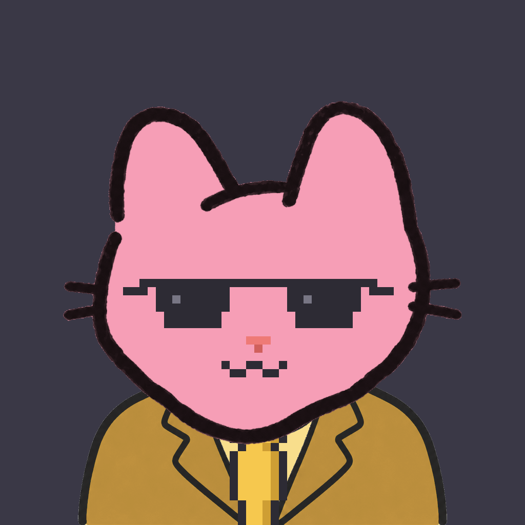 Employee #2521 — a pink cat, in a mustard suit, with a gold tie, wearing shades glasses, on charcoal