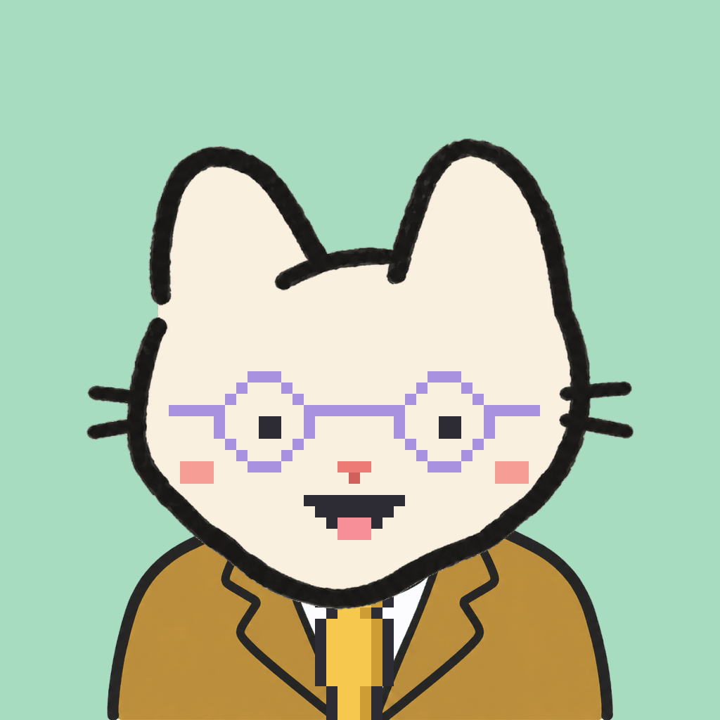 Employee #2522 — a cream cat, in a mustard suit, with a gold tie, wearing round-lavender glasses, on mint