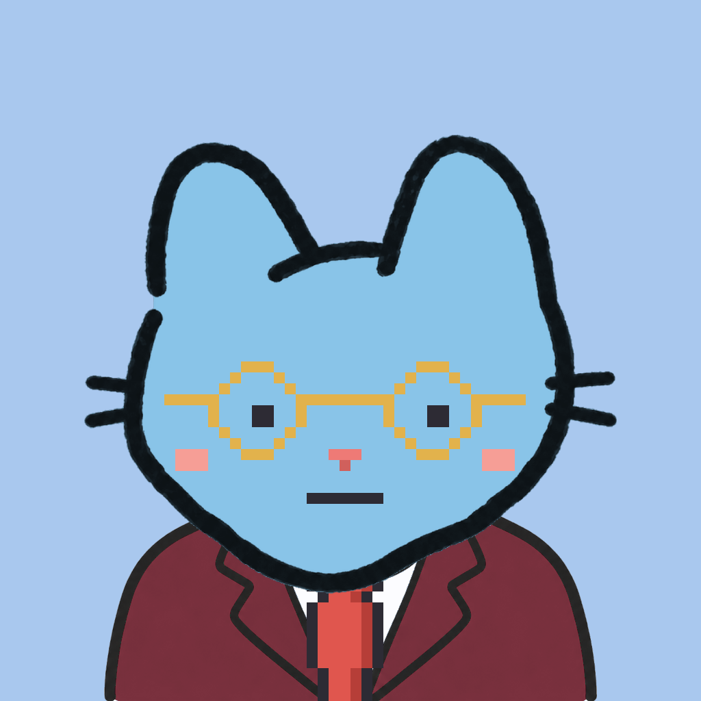 Employee #2523 — a sky cat, in a burgundy suit, with a red tie, wearing round-gold glasses, on sky