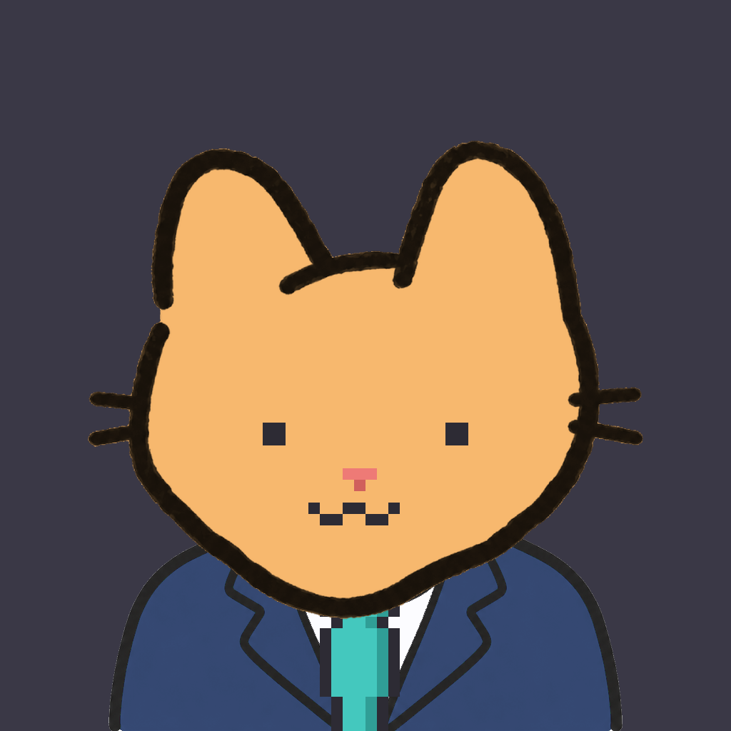 Employee #2524 — a tabby cat, in a navy suit, with a teal tie, on charcoal