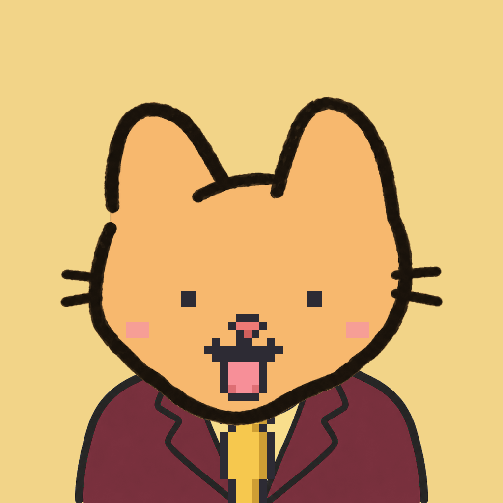 Employee #2525 — a tabby cat, in a burgundy suit, with a gold tie, on butter