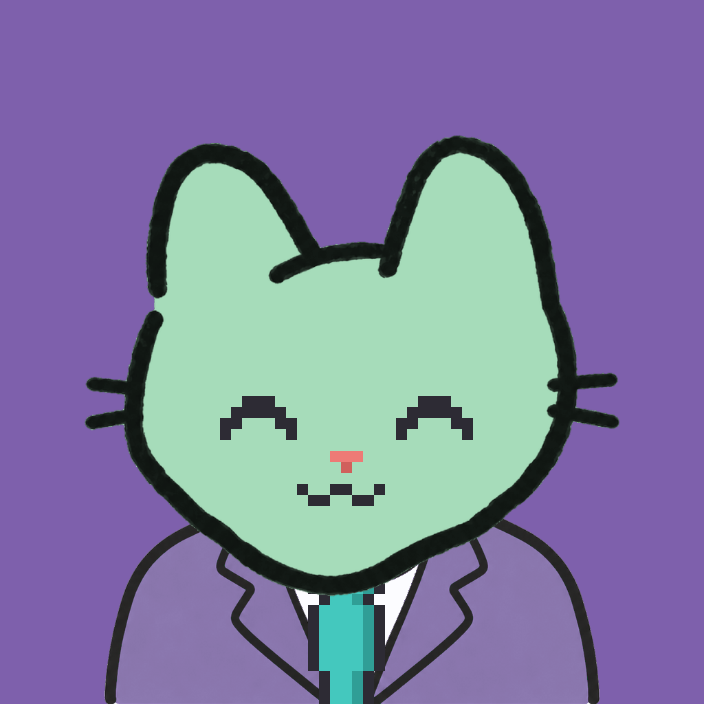Employee #2526 — a mint cat, in a lavender suit, with a teal tie, on plasma violet