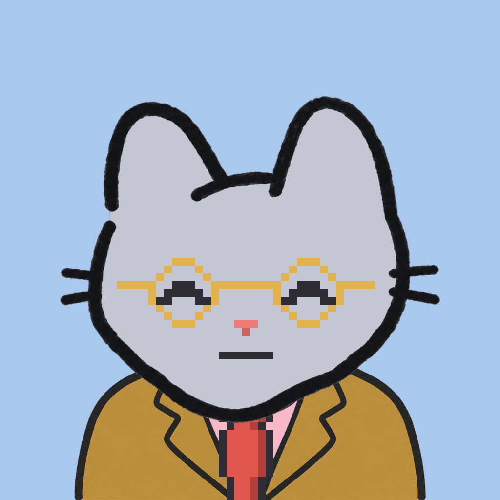 Employee #2527 — a gray cat, in a mustard suit, with a red tie, wearing round-gold glasses, on sky