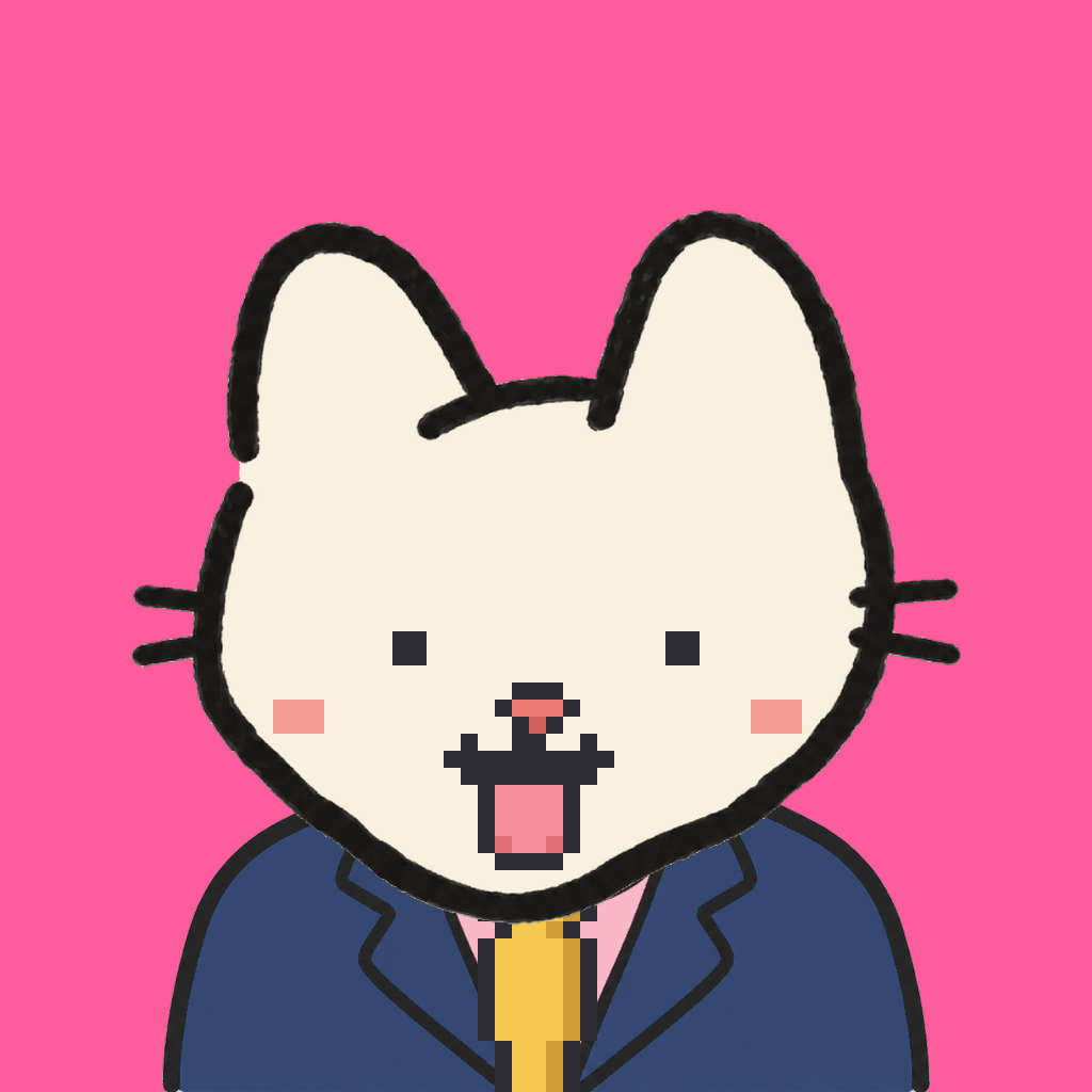 Employee #2528 — a cream cat, in a navy suit, with a gold tie, on hot pink