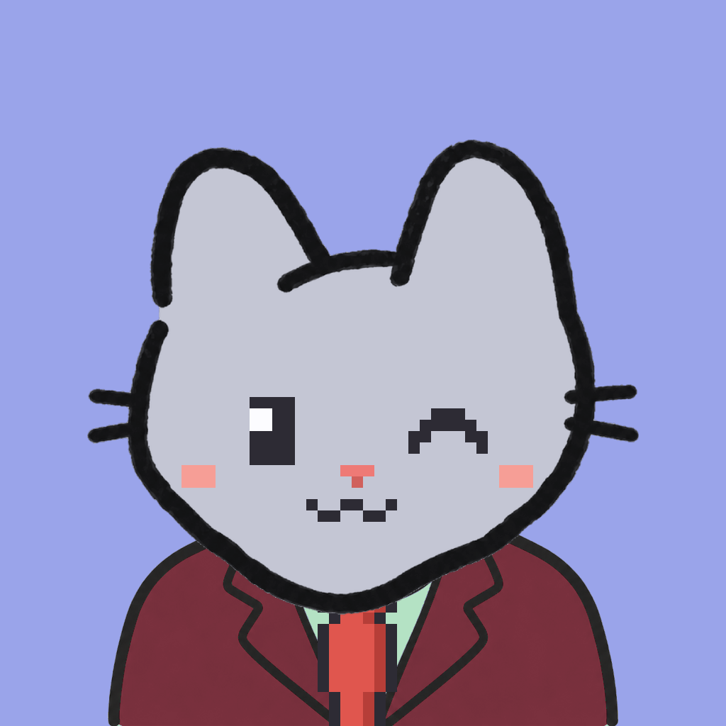 Employee #2529 — a gray cat, in a burgundy suit, with a red tie, on periwinkle