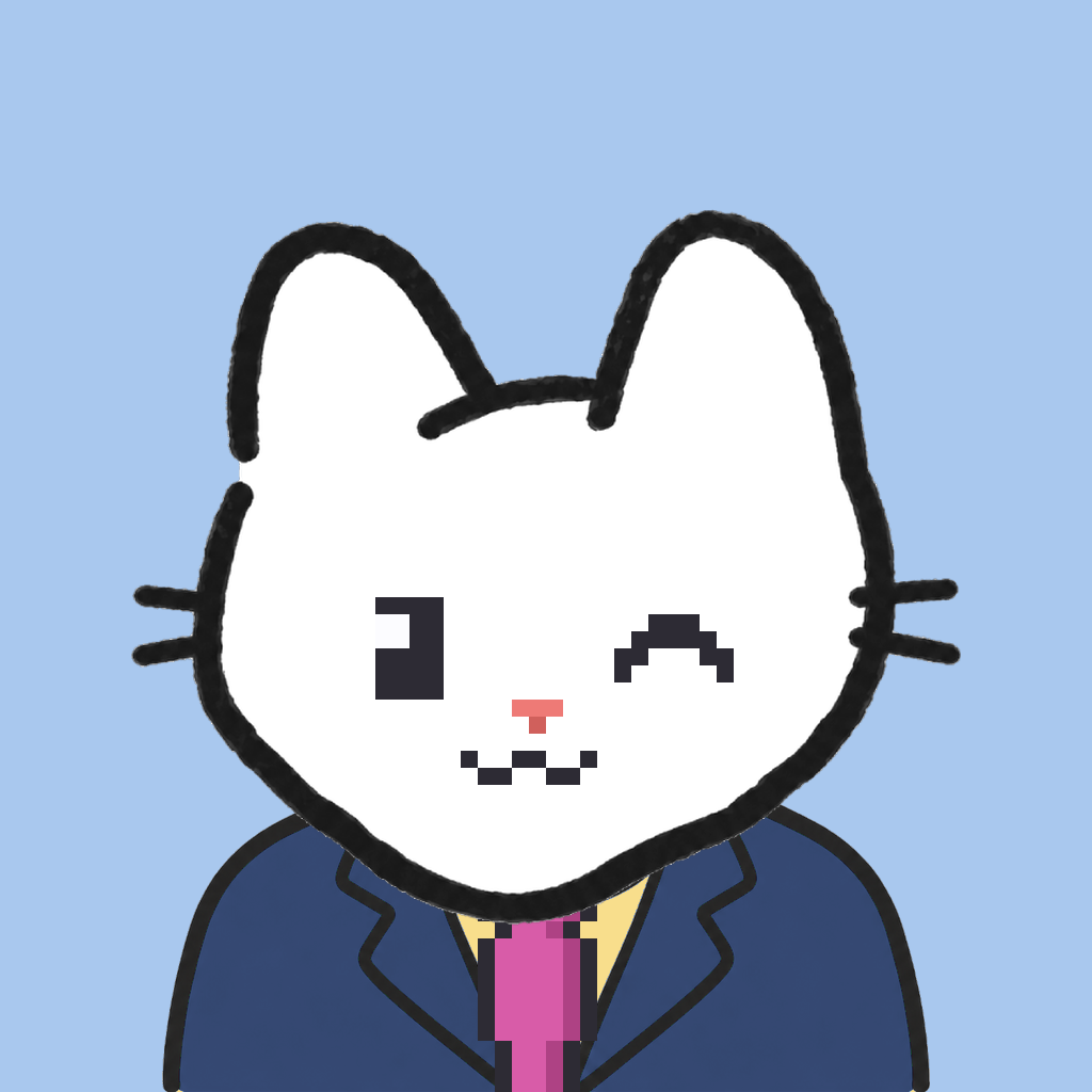 Employee #0253 — a white cat, in a navy suit, with a magenta tie, on sky
