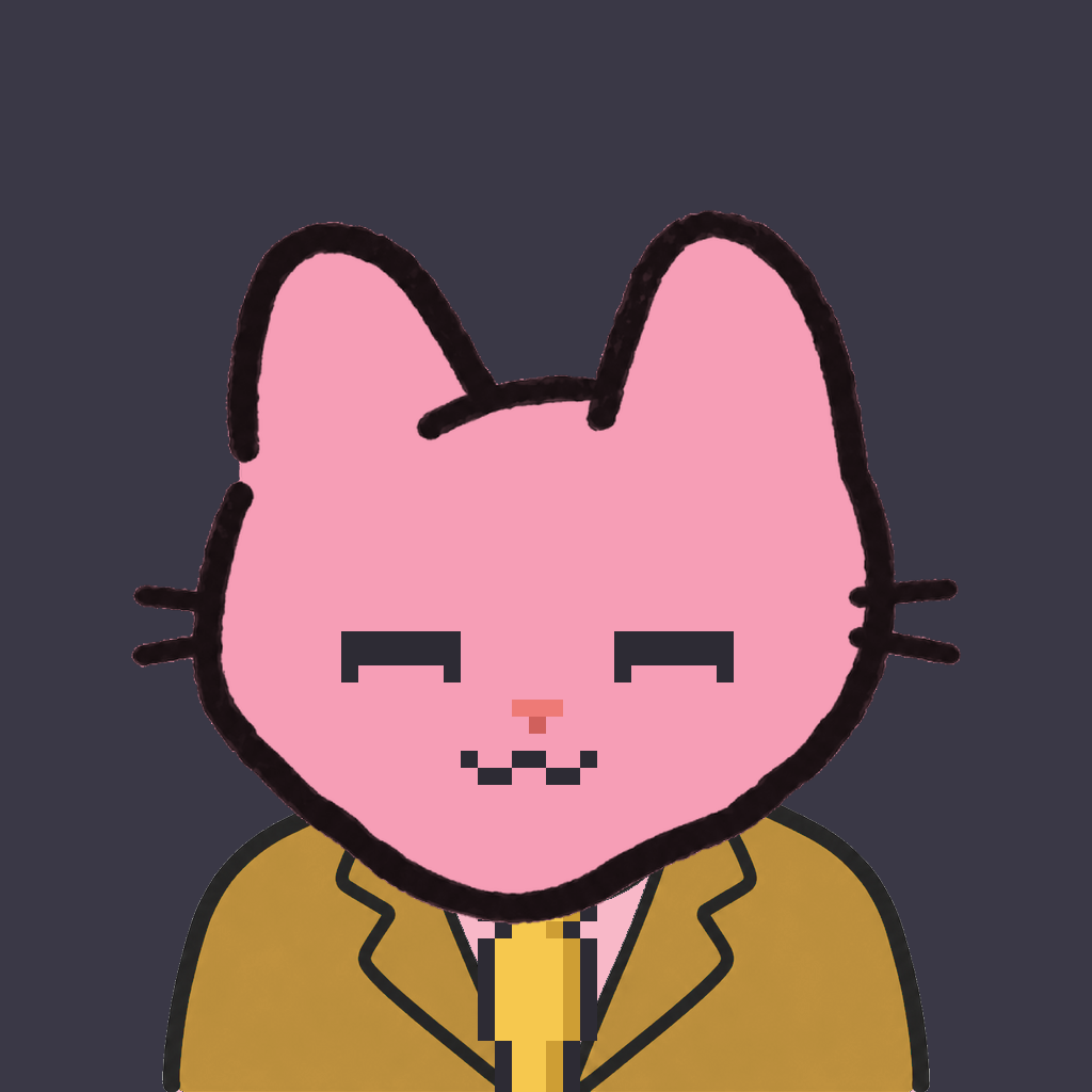 Employee #2530 — a pink cat, in a mustard suit, with a gold tie, on charcoal