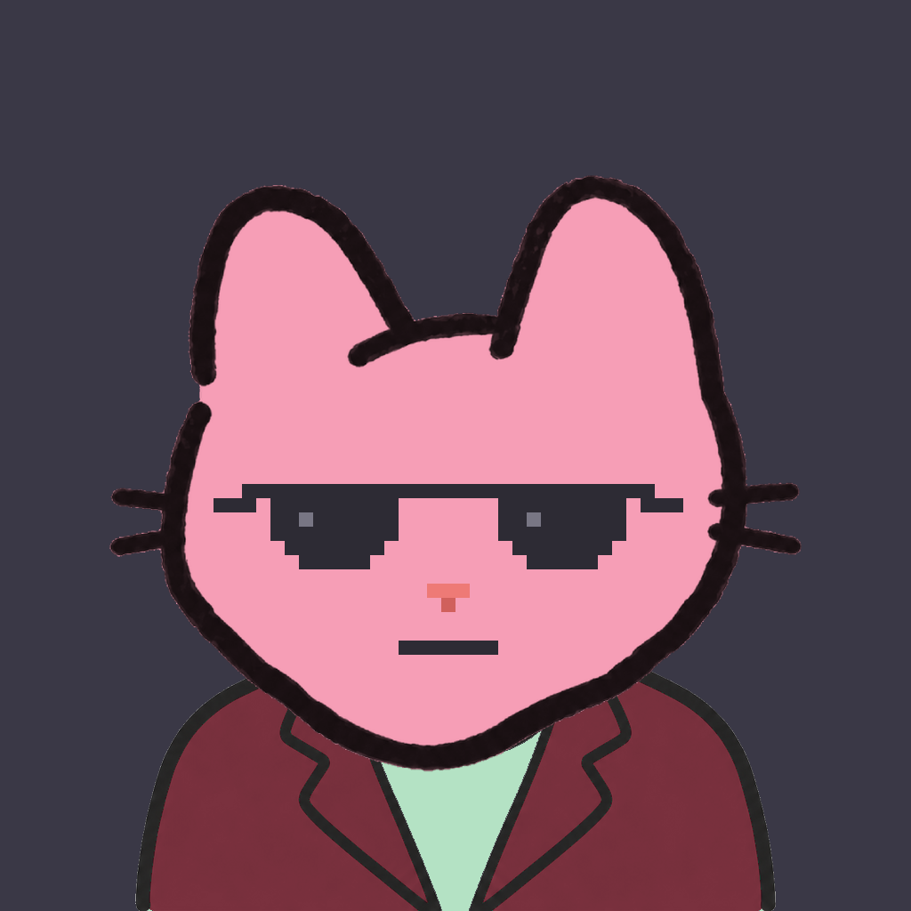Employee #2531 — a pink cat, in a burgundy suit, wearing shades glasses, on charcoal