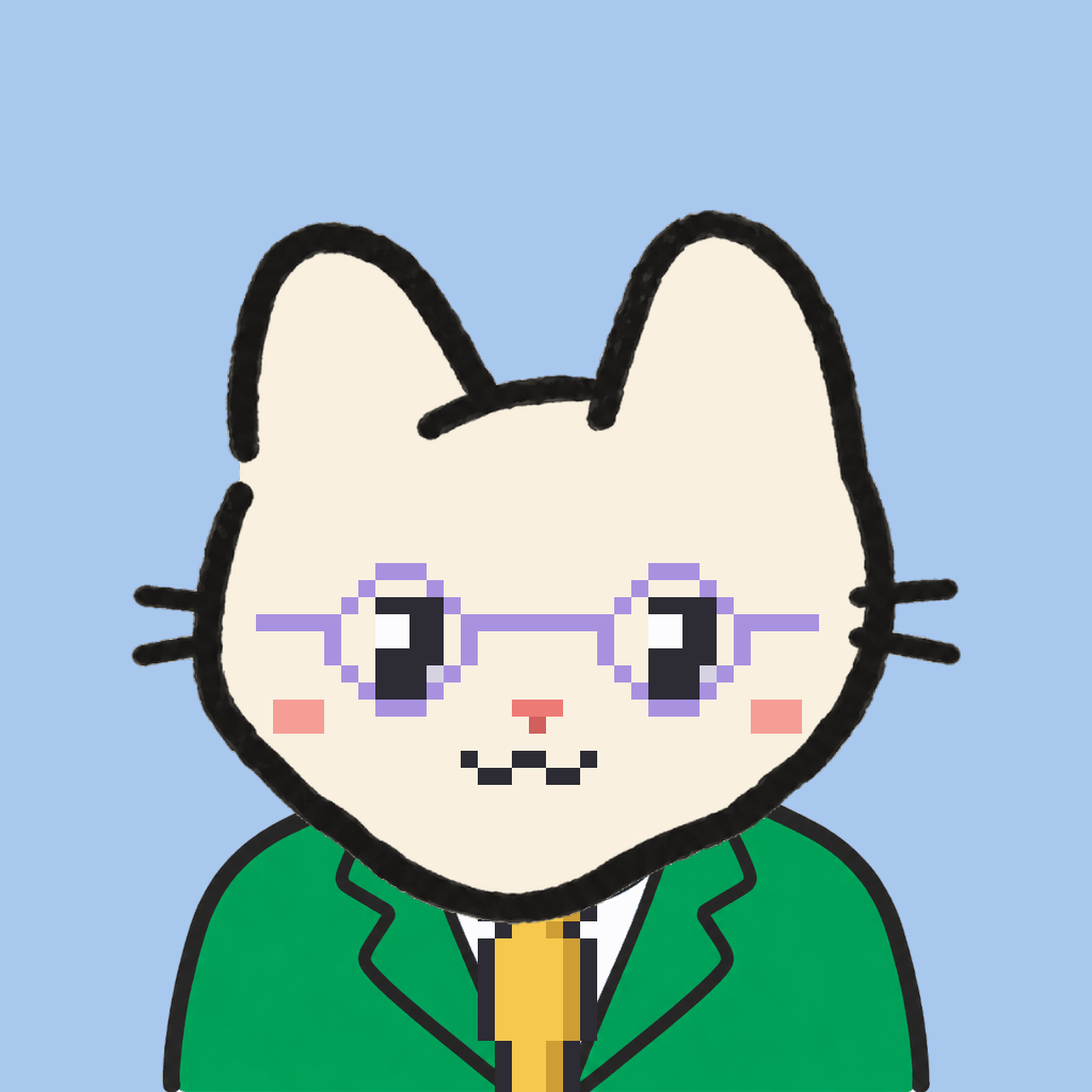 Employee #2532 — a cream cat, in a green suit, with a gold tie, wearing round-lavender glasses, on sky