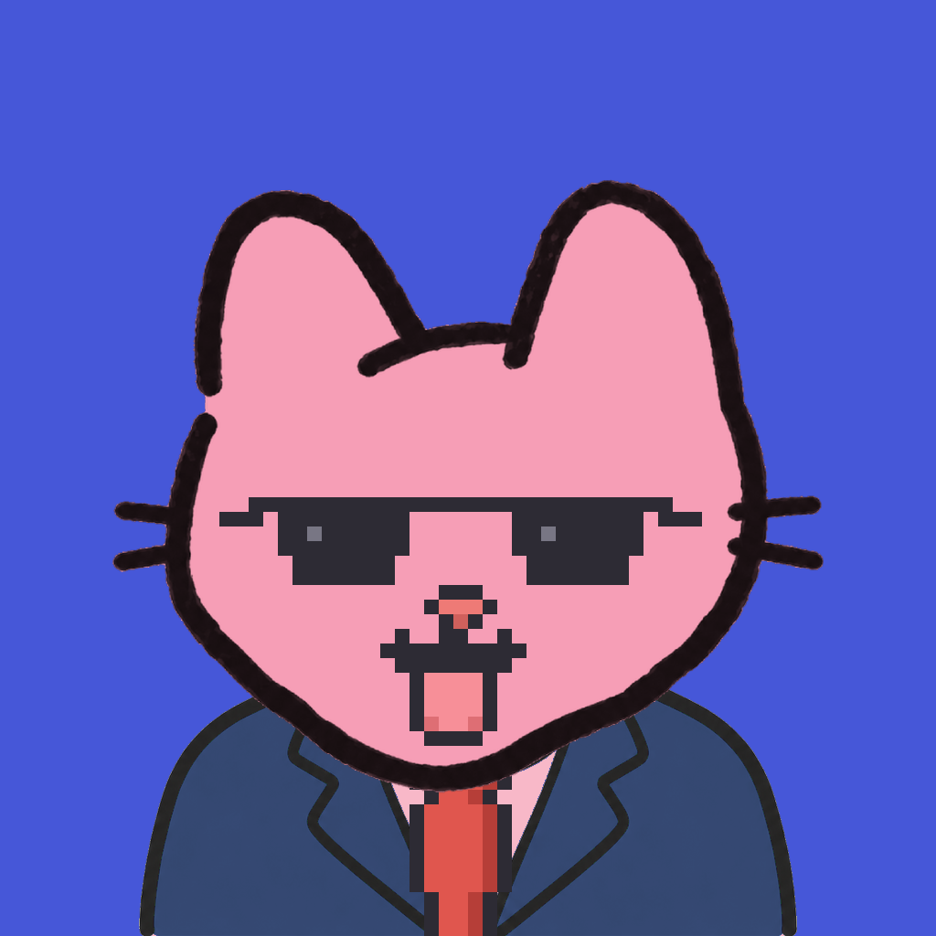 Employee #2533 — a pink cat, in a navy suit, with a red tie, wearing shades glasses, on royal