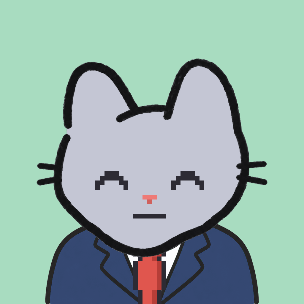 Employee #2534 — a gray cat, in a navy suit, with a red tie, on mint