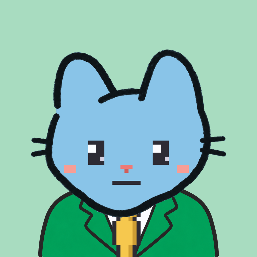 Employee #2535 — a sky cat, in a green suit, with a gold tie, on mint