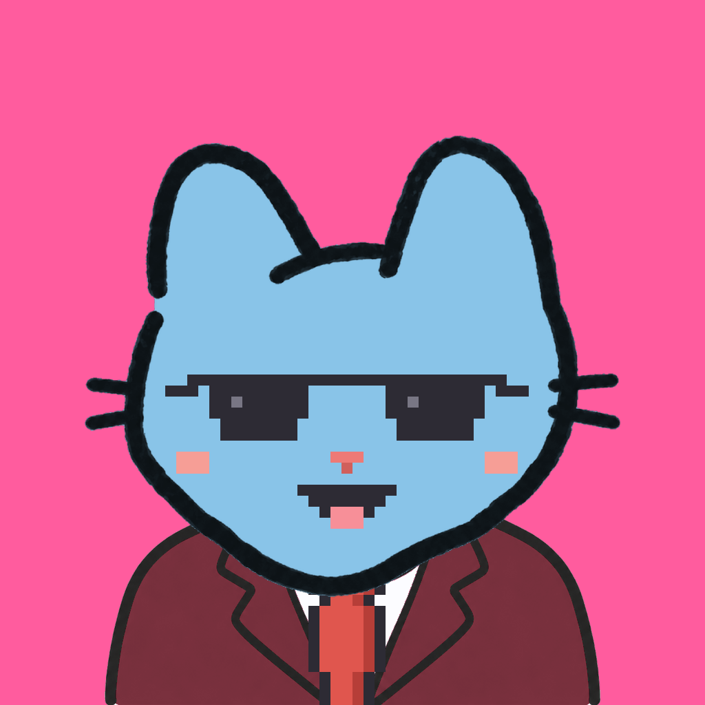 Employee #2536 — a sky cat, in a burgundy suit, with a red tie, wearing shades glasses, on hot pink