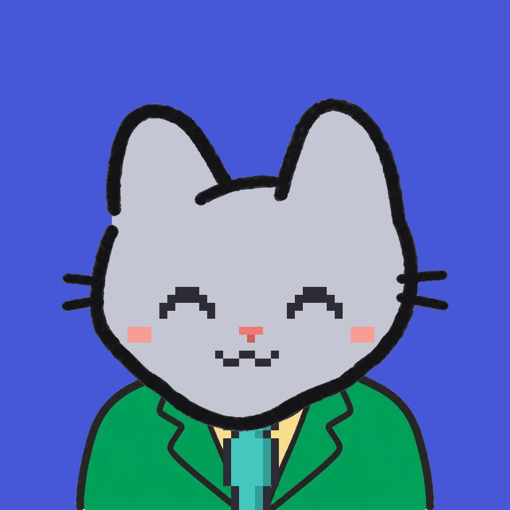 Employee #2537 — a gray cat, in a green suit, with a teal tie, on royal