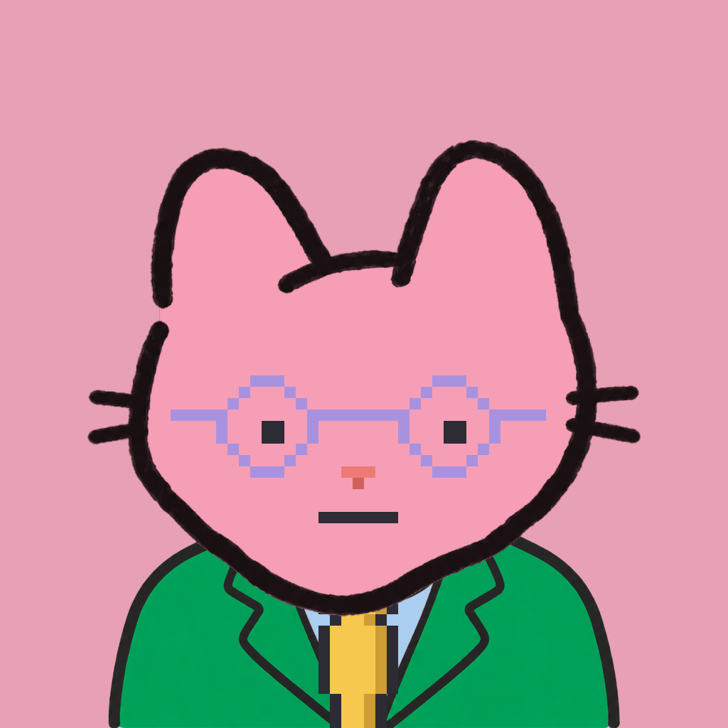 Employee #2538 — a pink cat, in a green suit, with a gold tie, wearing round-lavender glasses, on rose