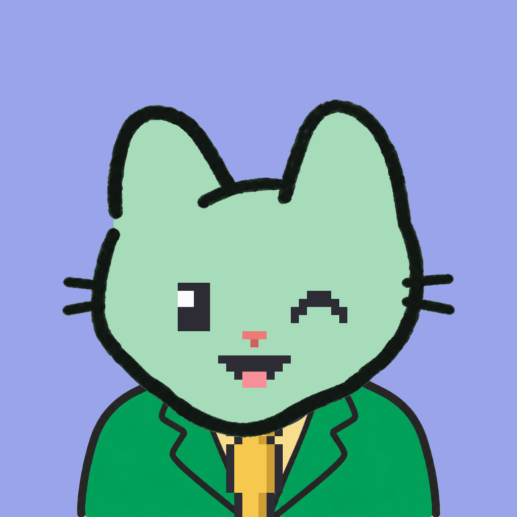 Employee #2539 — a mint cat, in a green suit, with a gold tie, on periwinkle
