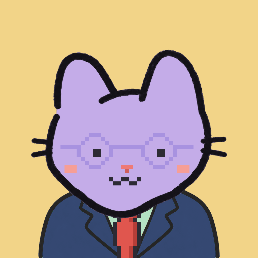 Employee #0254 — a lavender cat, in a navy suit, with a red tie, wearing round-lavender glasses, on butter