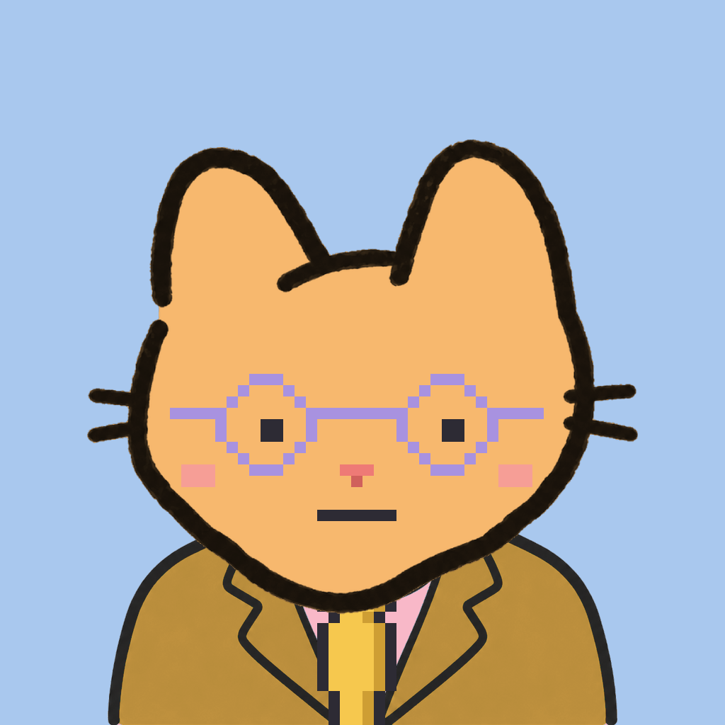 Employee #2540 — a tabby cat, in a mustard suit, with a gold tie, wearing round-lavender glasses, on sky