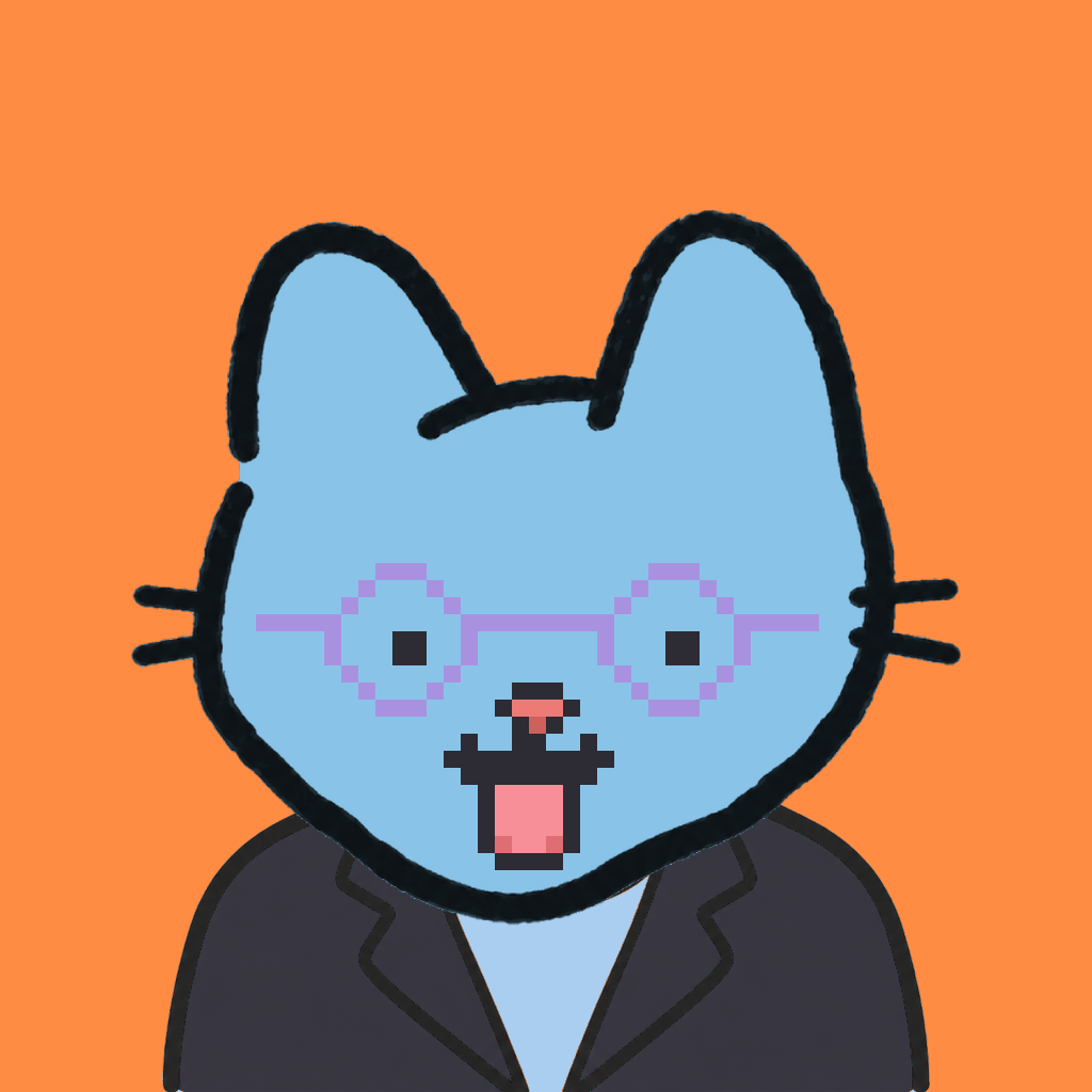 Employee #2541 — a sky cat, in a black suit, wearing round-lavender glasses, on tangerine