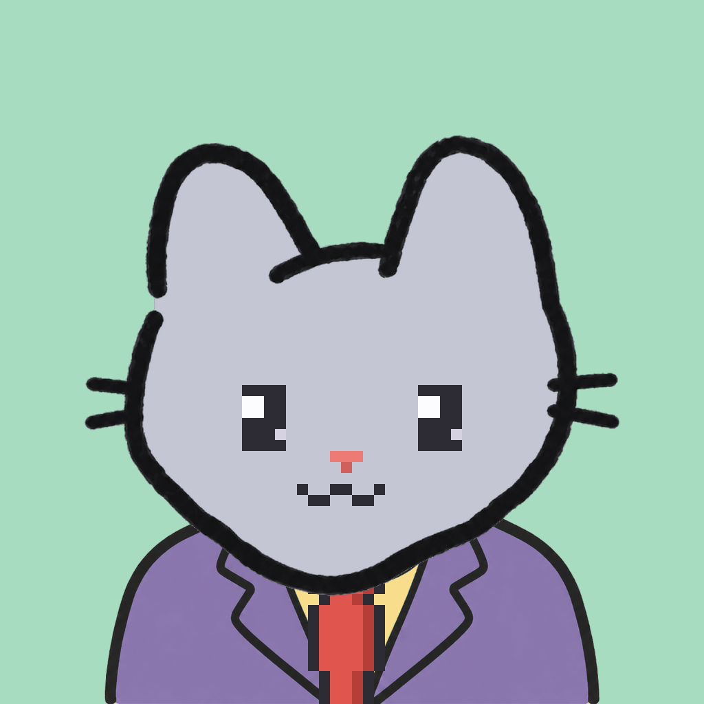 Employee #2542 — a gray cat, in a lavender suit, with a red tie, on mint