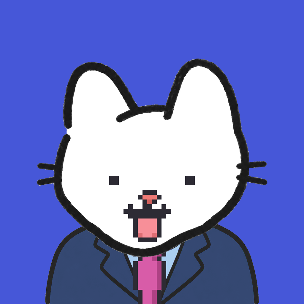 Employee #2543 — a white cat, in a navy suit, with a magenta tie, on royal