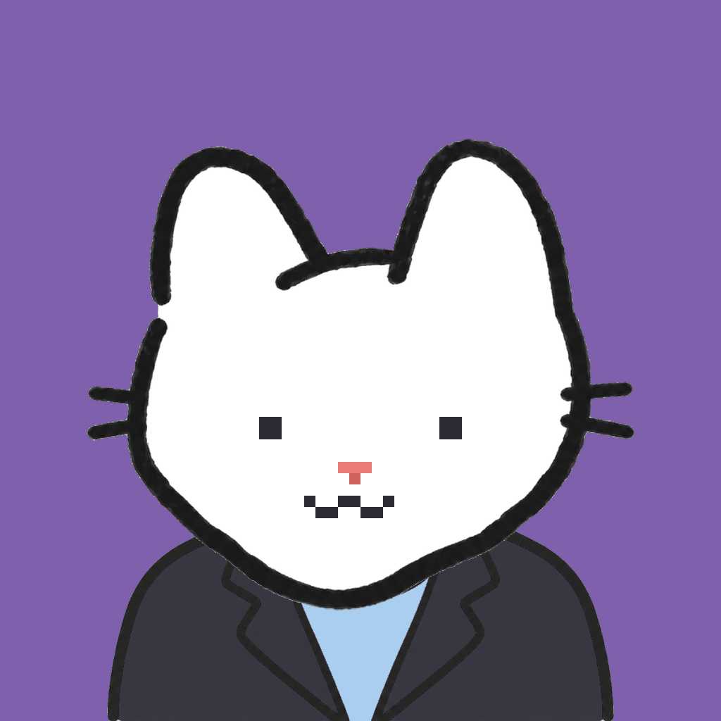 Employee #2544 — a white cat, in a black suit, on plasma violet