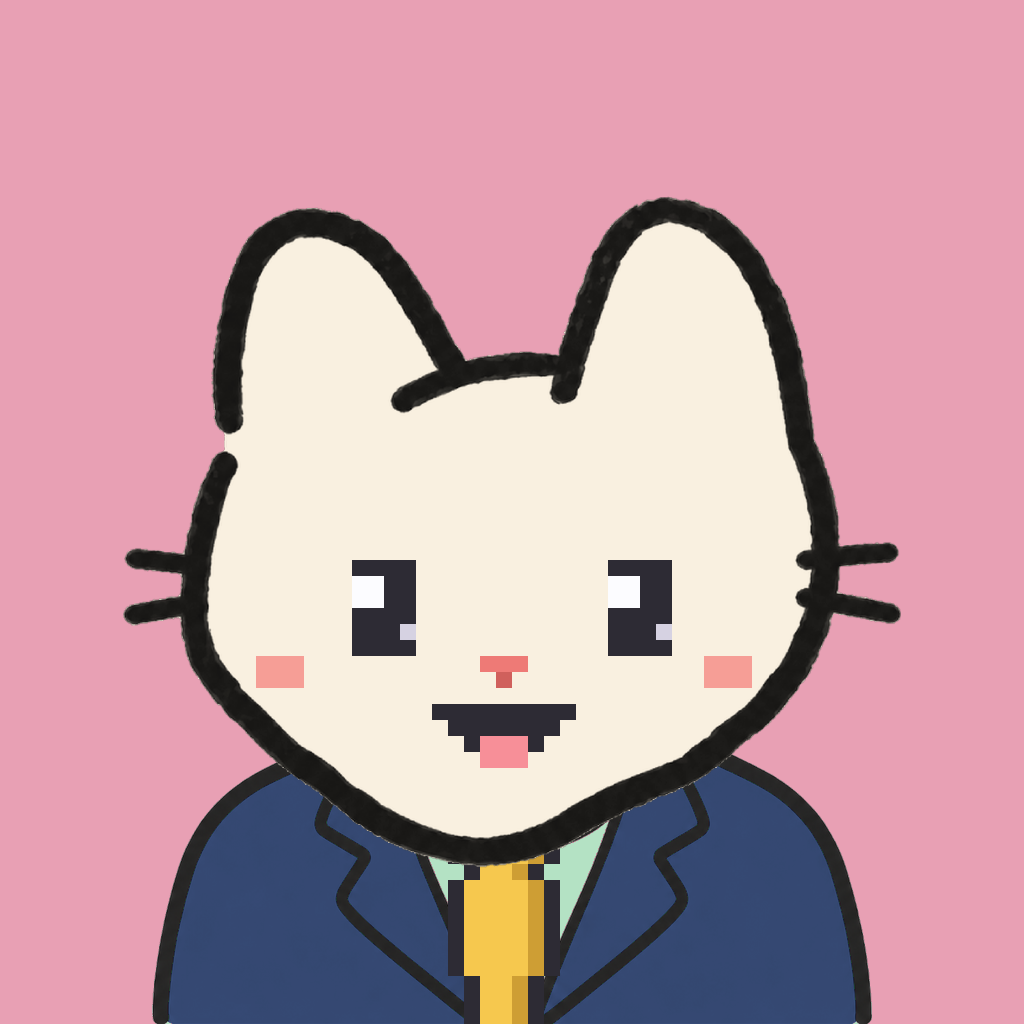 Employee #2545 — a cream cat, in a navy suit, with a gold tie, on rose