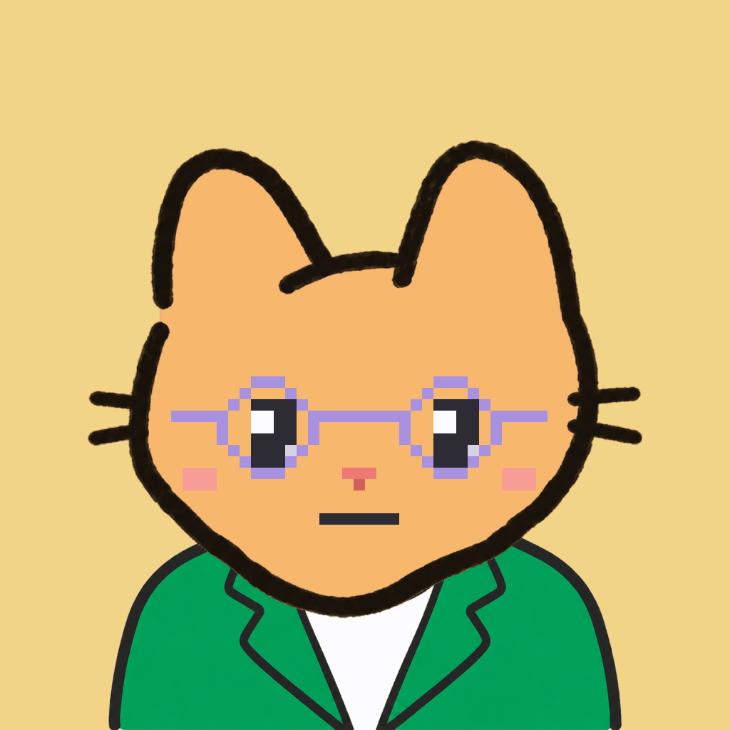 Employee #2546 — a tabby cat, in a green suit, wearing round-lavender glasses, on butter