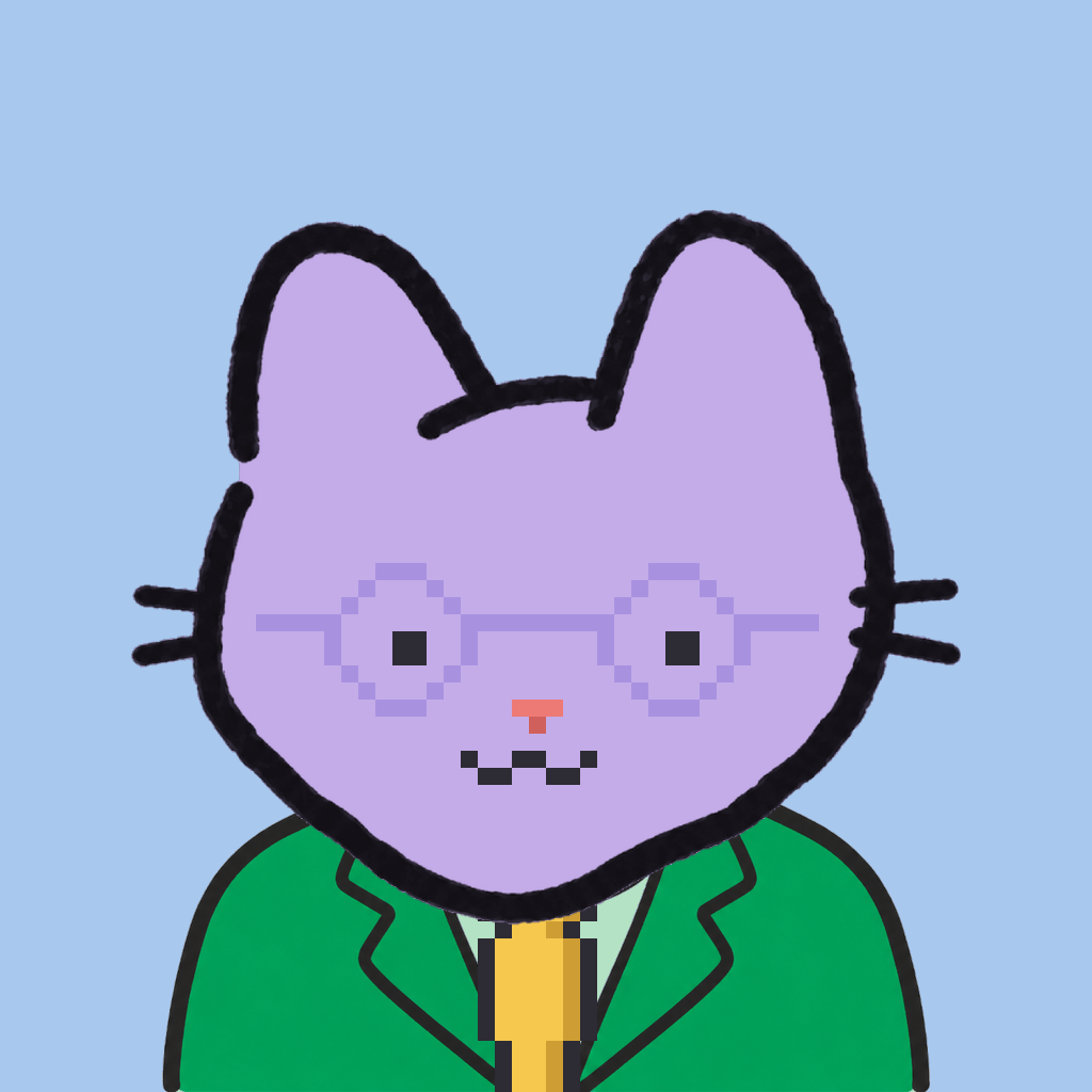 Employee #2547 — a lavender cat, in a green suit, with a gold tie, wearing round-lavender glasses, on sky