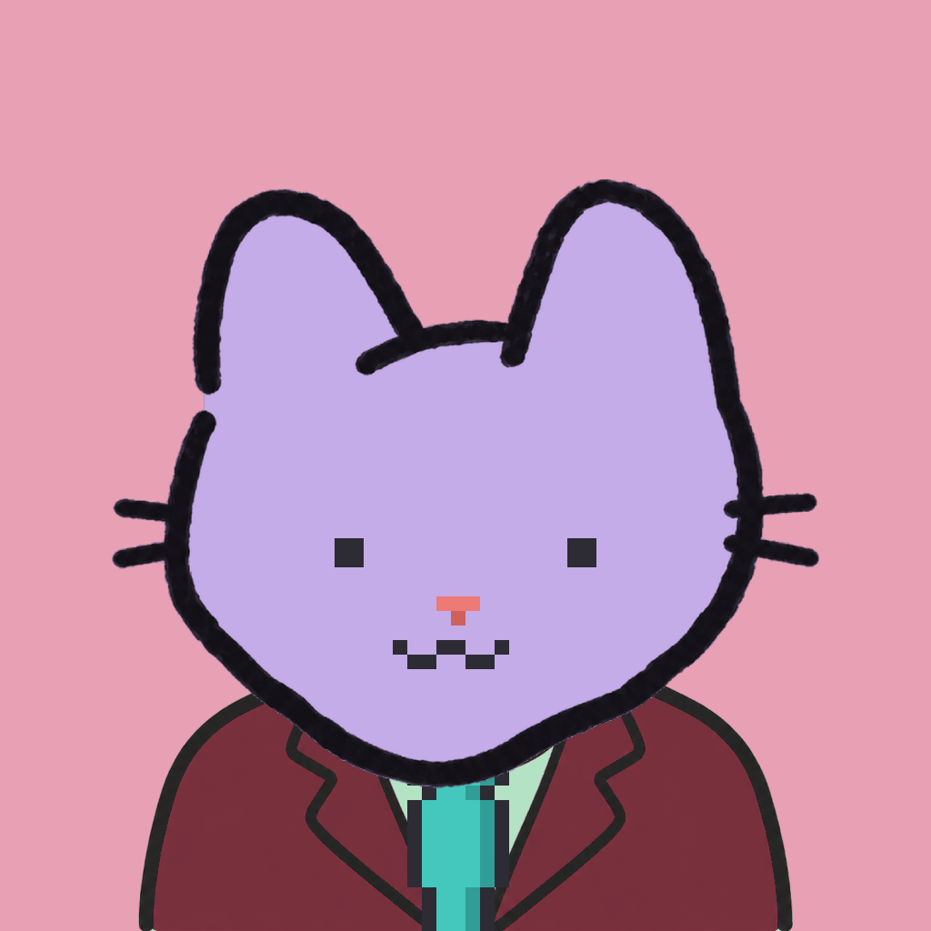 Employee #2548 — a lavender cat, in a burgundy suit, with a teal tie, on rose