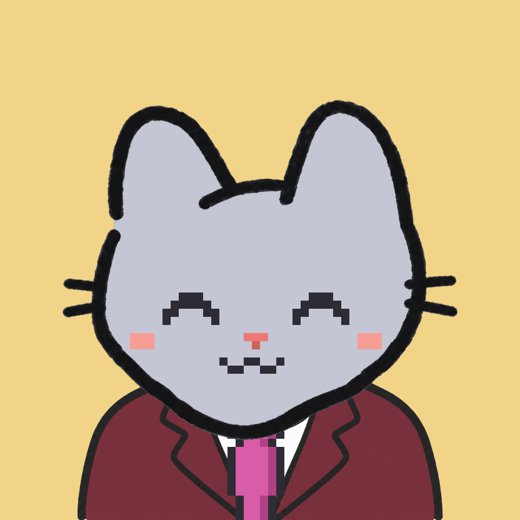 Employee #2549 — a gray cat, in a burgundy suit, with a magenta tie, on butter