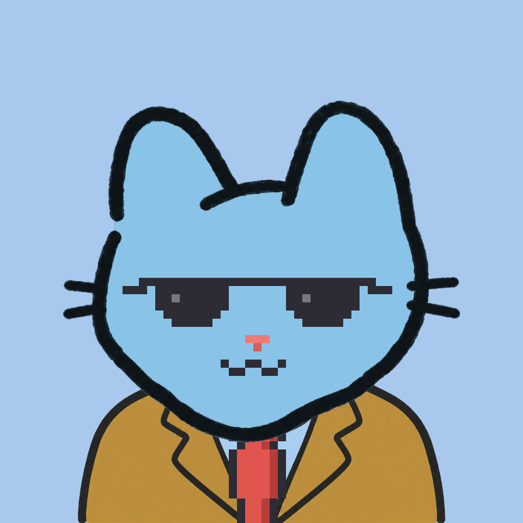 Employee #0255 — a sky cat, in a mustard suit, with a red tie, wearing shades glasses, on sky