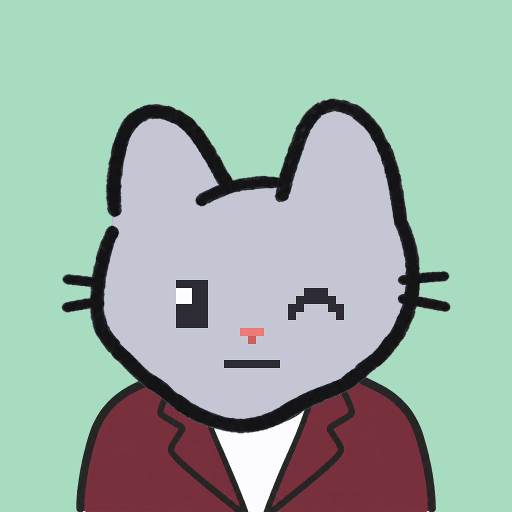 Employee #2550 — a gray cat, in a burgundy suit, on mint