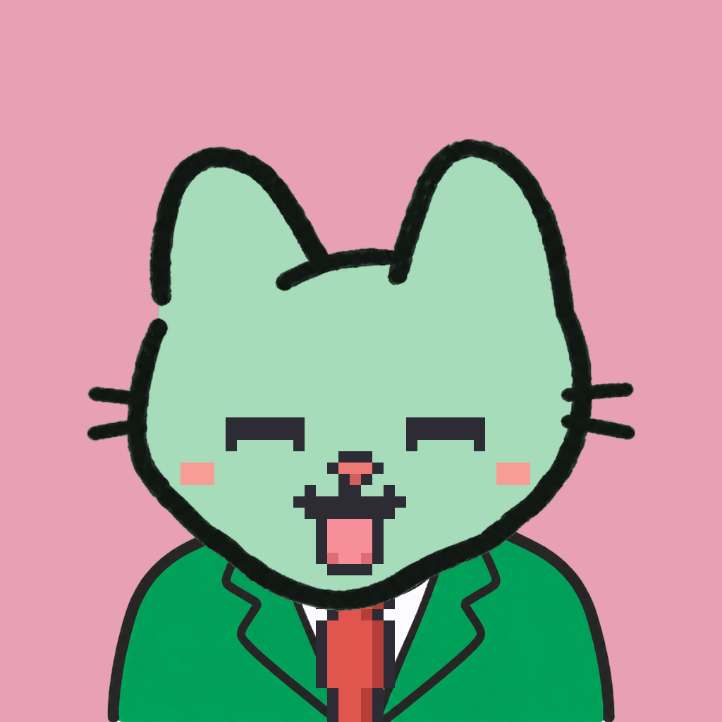 Employee #2551 — a mint cat, in a green suit, with a red tie, on rose