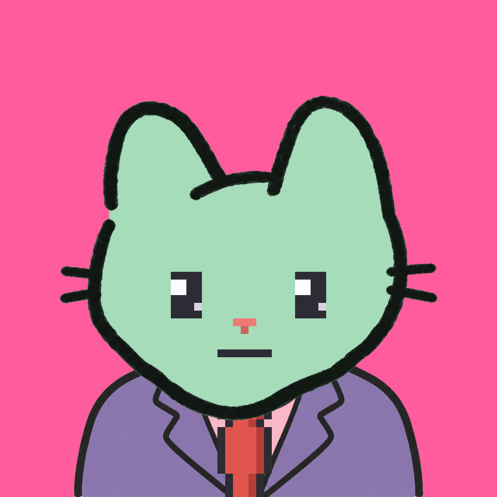 Employee #2552 — a mint cat, in a lavender suit, with a red tie, on hot pink
