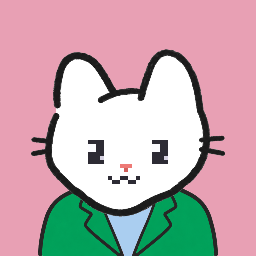 Employee #2553 — a white cat, in a green suit, on rose