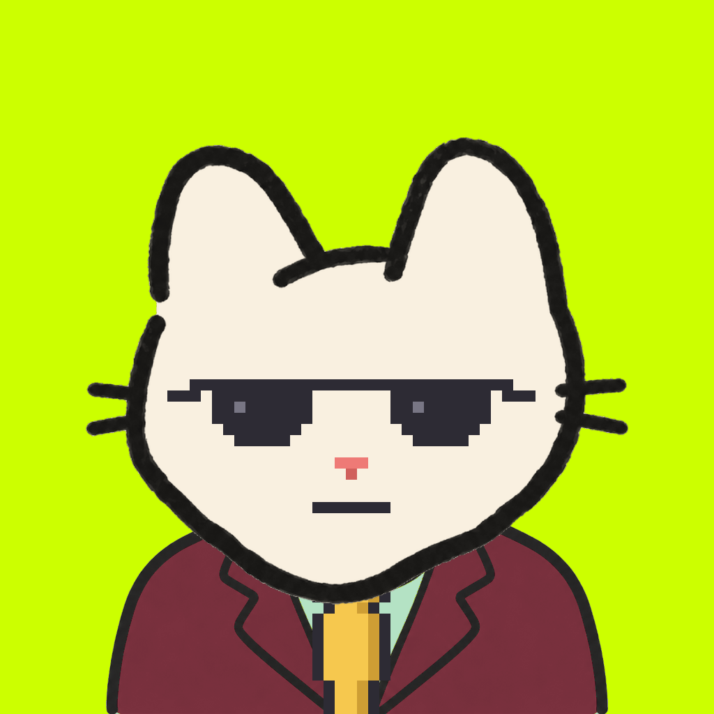 Employee #2554 — a cream cat, in a burgundy suit, with a gold tie, wearing shades glasses, on volt