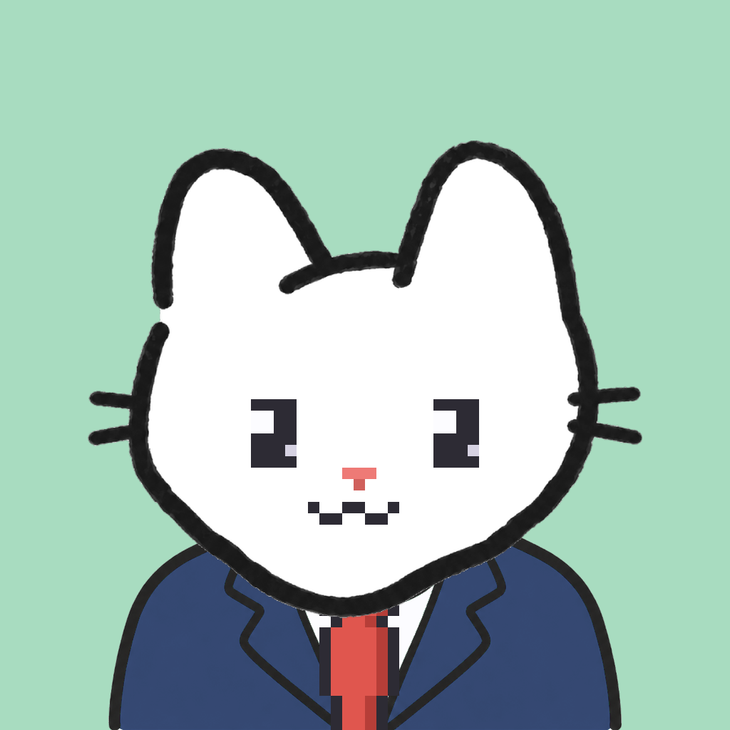 Employee #2555 — a white cat, in a navy suit, with a red tie, on mint